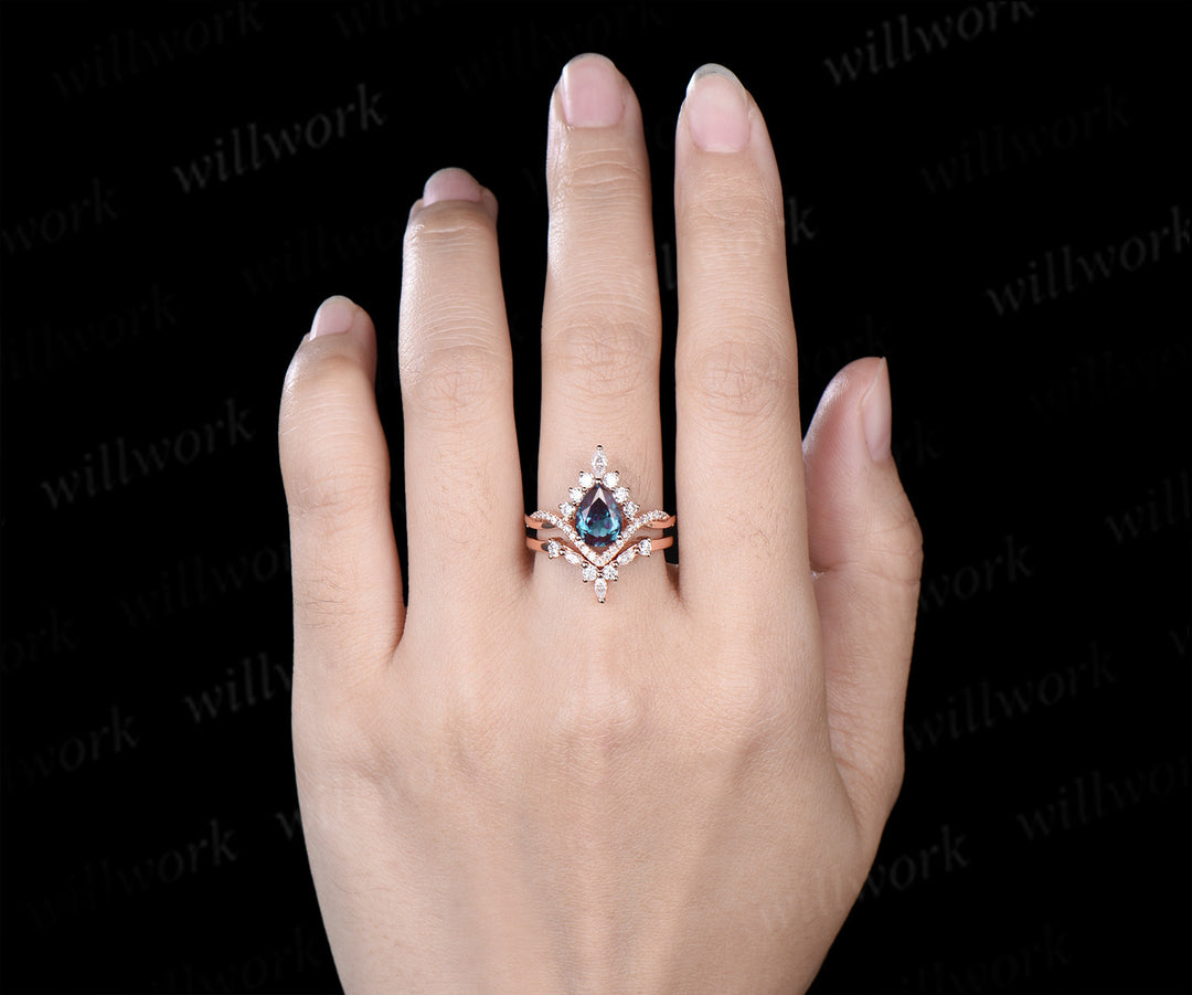 Pear Alexandrite engagement ring set halo art deco moissanite twisted ring set curved matching wedding band jewelry set