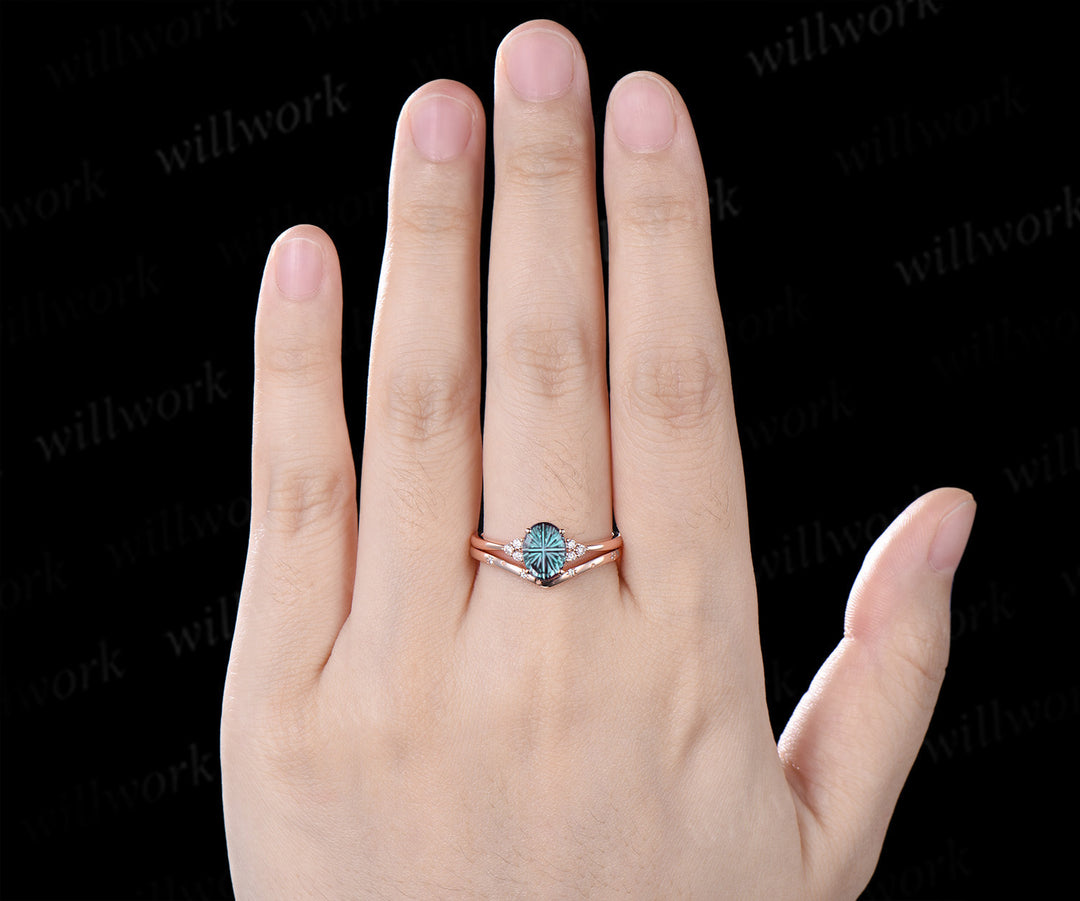 Oval Fantasy Cut Alexandrite Engagement Ring Set Moissanite Cluster Ring Star Wedding Band Color Change Gemstone Bridal Set