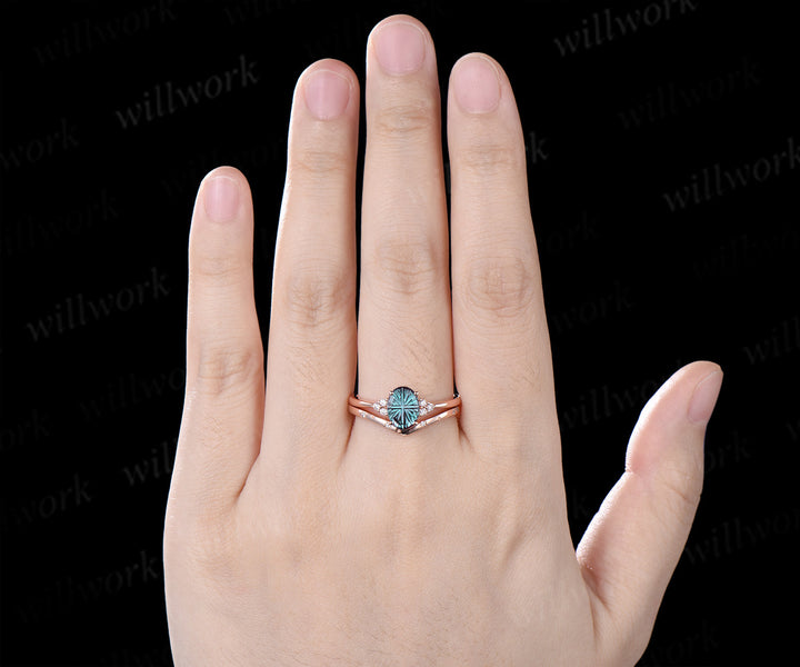 Oval Fantasy Cut Alexandrite Engagement Ring Set Moissanite Cluster Ring Star Wedding Band Color Change Gemstone Bridal Set