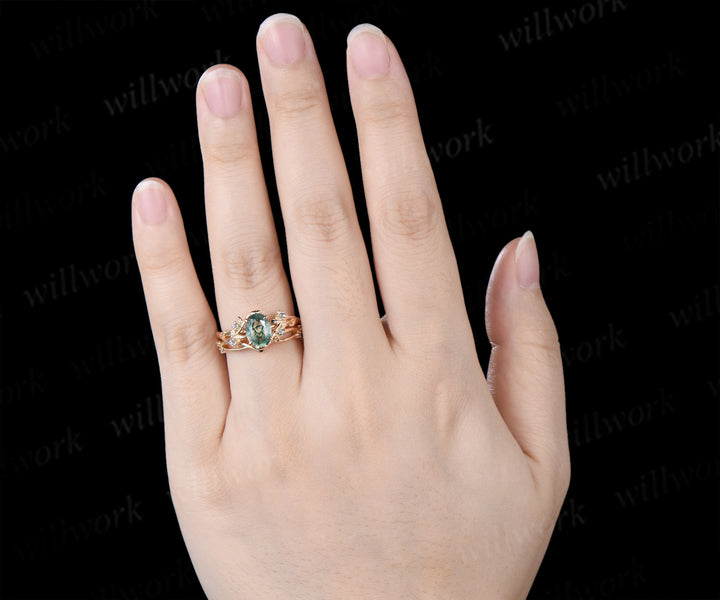 Oval cut Natural Moss Agate Engagement Ring Set Twig Leaf Promise Ring Aquamarine Wedding Band Nature Inspired Bridal Set