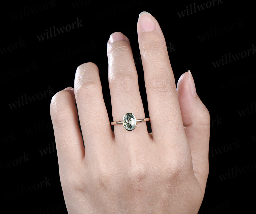 Oval cut natural moss agate engagement ring unique solitaire moss agate bezel ring solid 10k/14k/18k yellow gold ring for women
