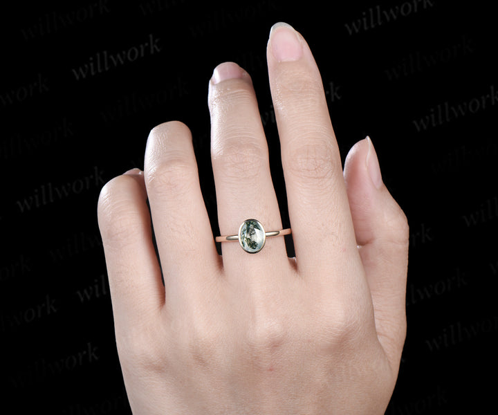Oval cut natural moss agate engagement ring unique solitaire moss agate bezel ring solid 10k/14k/18k yellow gold ring for women