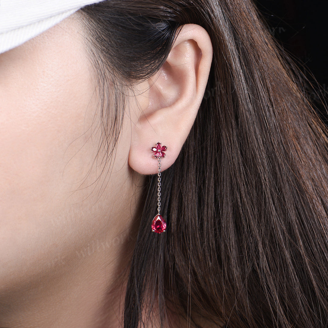 Pear shape ruby threader earrings flower drop earrings July birthstone gifts wedding anniversary earrings