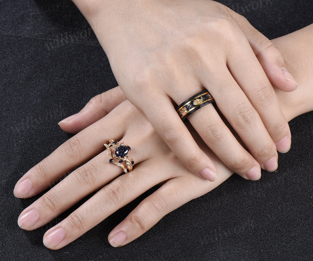 Nature Inspired Oval Blue Sandstone Leaf Ring Set & Tungsten Gold Flakes Men's Ring Unique Couple Wedding Rings