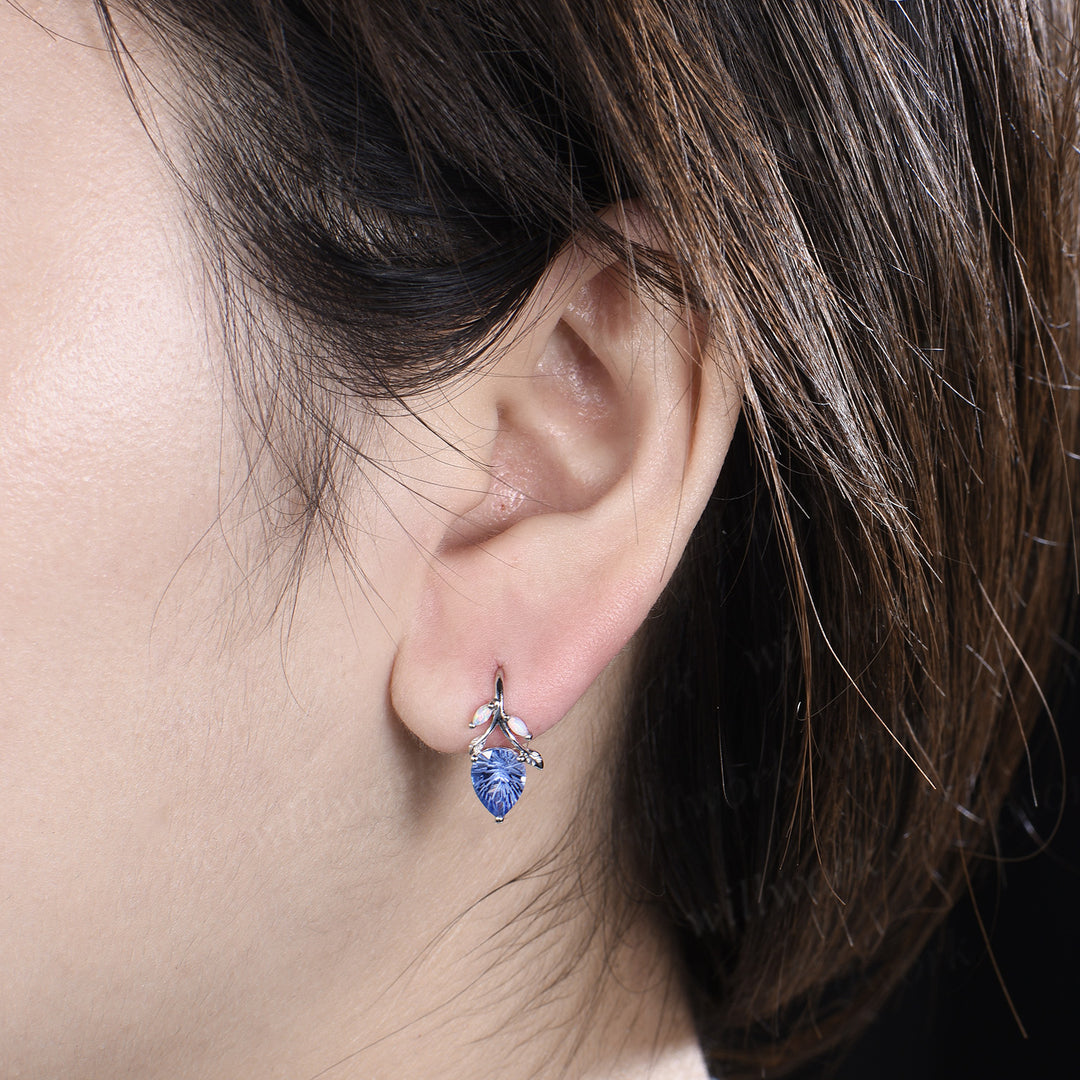 Pear Shaped Fireworks Cut Cornflower Blue Sapphire Hook Earrings Leaf Vine Opal Accent Earrings Gifts for Her