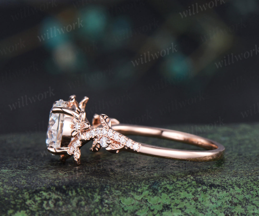Oval cut green sapphire engagement ring moissanites diamonds cluster promise ring unique bridal ring