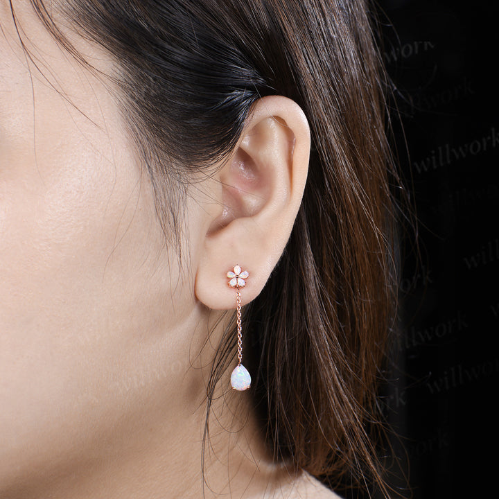 Pear cut opal threader earrings flower drop earrings dainty opal earrings birthday anniversary wedding gifts