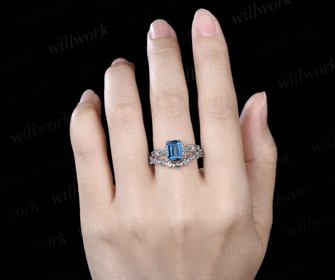 Vintage emerald cut London blue topaz engagement ring set filigree art deco blue topaz ring half eternity alexandrite wedding band bridal set