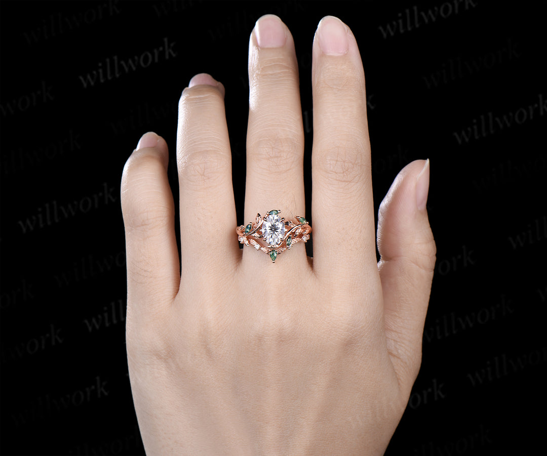 Vintage oval cut lab grown diamond engagement ring set leaf twig moss agates ring natural inspired bridal set