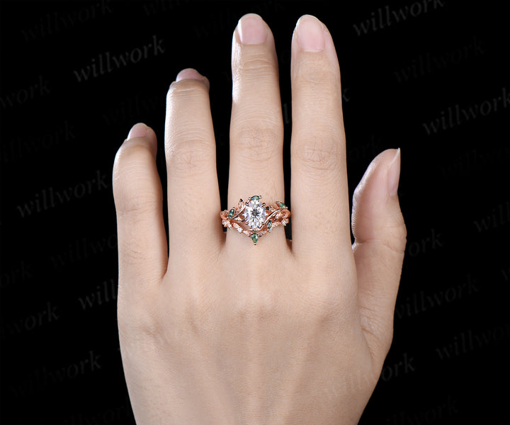 Vintage oval cut lab grown diamond engagement ring set leaf twig moss agates ring natural inspired bridal set