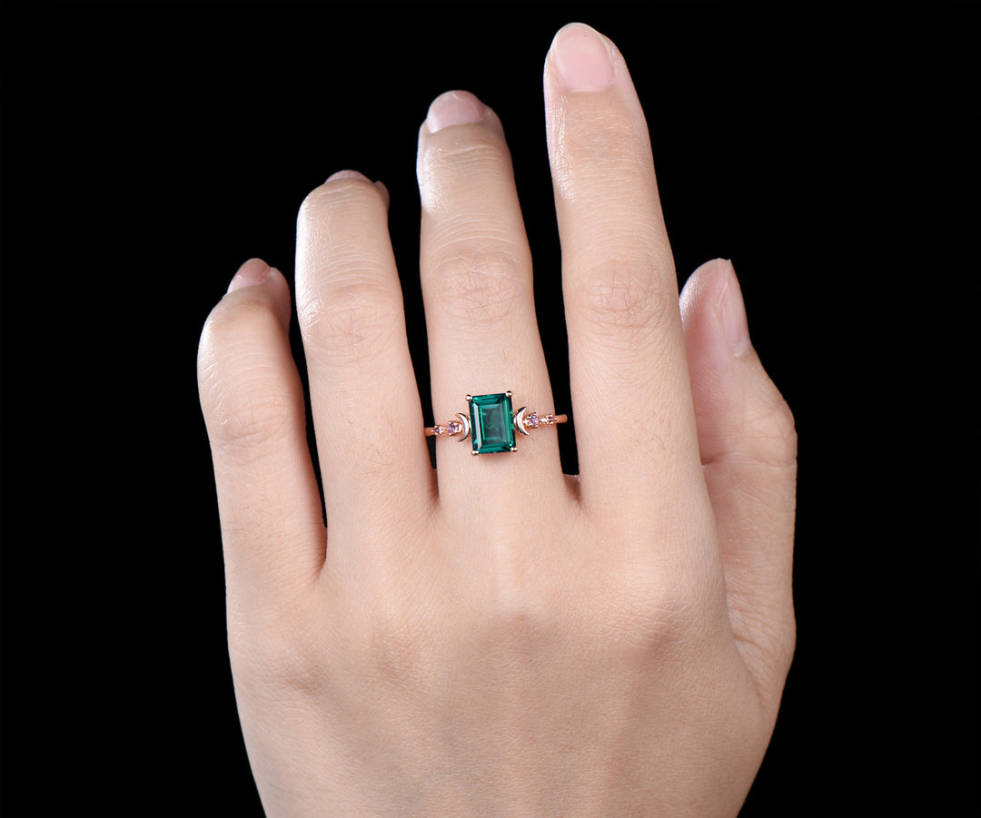 Emerald cut green emerald ring five stone amethyst moon promise ring 14k rose gold May birtstone jewelry
