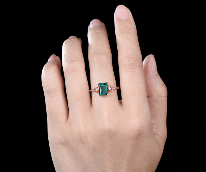 Emerald cut green emerald ring five stone amethyst moon promise ring 14k rose gold May birtstone jewelry