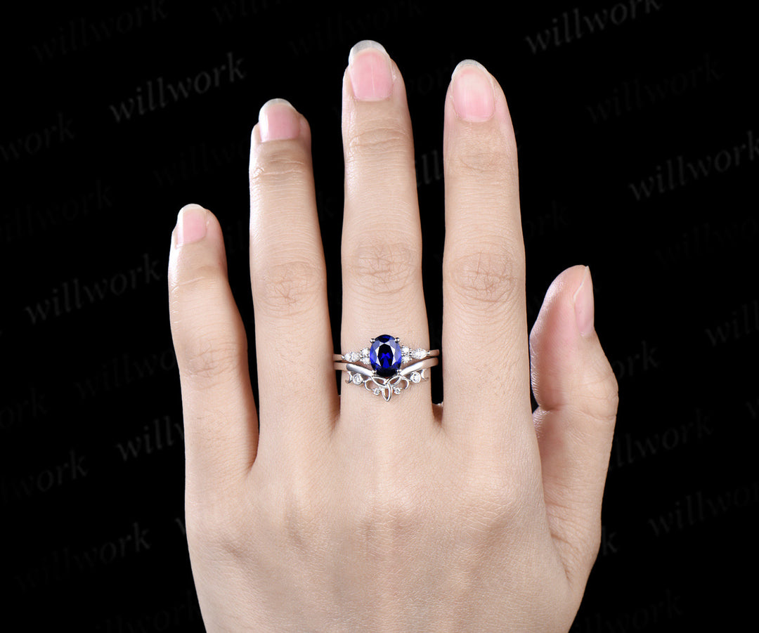 Oval cut blue sapphire engagement ring set seven stone moissanite ring vintage moon women Celtic knot wedding bridal set