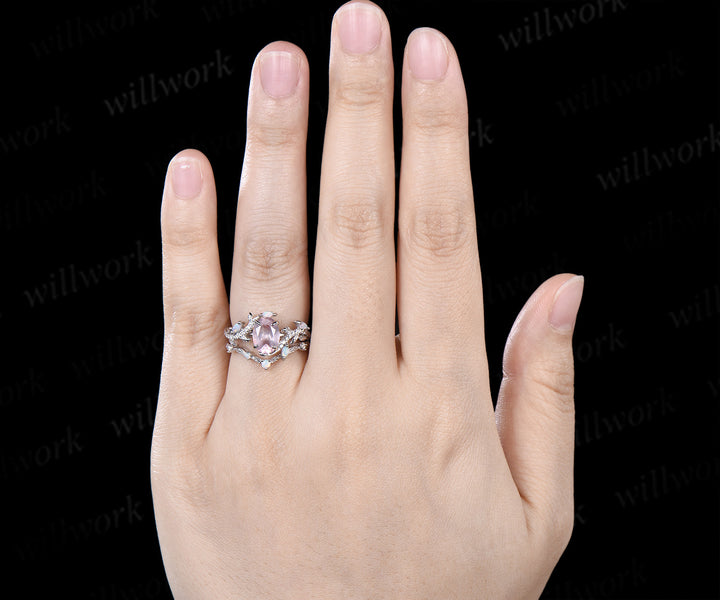 Vintage oval cut rose quartz engagement ring set leaf nature inspired opal moissanite bridal ring matching wedding band gifts for her