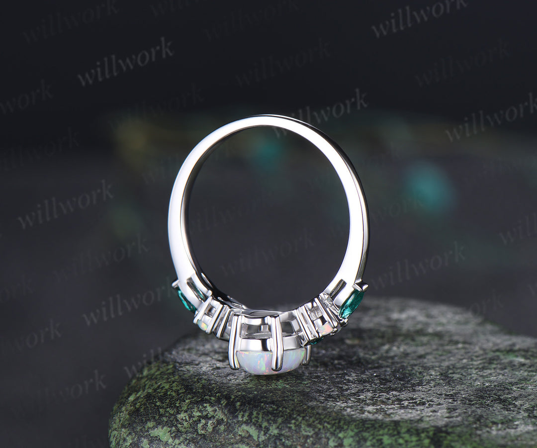 Oval Opal Engagement Ring Square Shape Emerald Accent Ring Vintage White Opal Bridal Ring