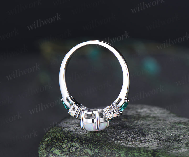 Oval Opal Engagement Ring Square Shape Emerald Accent Ring Vintage White Opal Bridal Ring