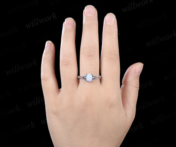 Oval White Opal Amethyst Moon Ring Twisted Weave Half Eternity Band Vintage Opal Wedding Ring Gift for Women
