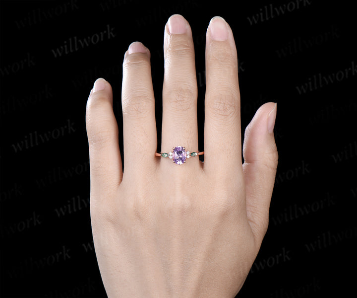 Oval cut Lavender amethyst ring romantic purple crystal engagement ring marquise moss agate moissanite seven stone wedding ring