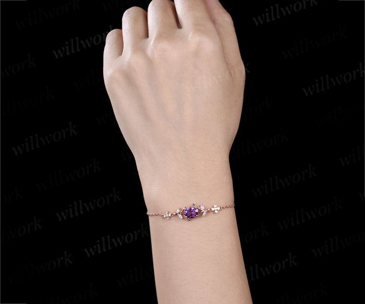 Dainty oval cut amethyst marquise opal leaf bracelet moissanites clover adjustable bracelet Februarly birthstone jewelry