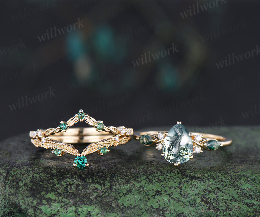 Nature inspired pear moss agate ring set marquise moss agate seven stone ring art deco emerald moissanites wedding band unique bridal set