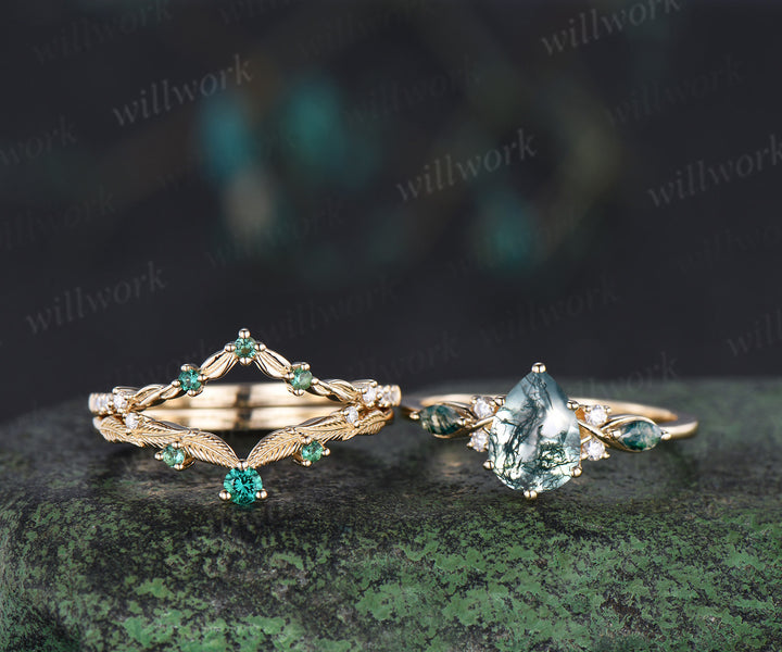 Nature inspired pear moss agate ring set marquise moss agate seven stone ring art deco emerald moissanites wedding band unique bridal set