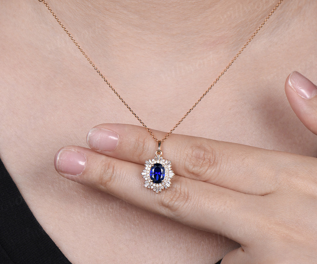 Oval blue sapphire necklace unique double halo diamond pendant necklace antique solid 14k 18k yellow gold necklace for women