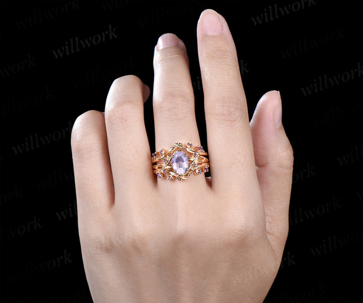 Oval lavender amethyst engagement ring set leaf twig amethysts ring marquise amethyst moon enhancer wraps unique bridal set