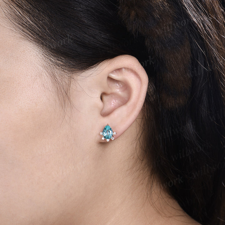 Pear Cut Paraiba Stud Earrings Bluish Green Tourmaline Moissanite Earrings Pierced Jewelry