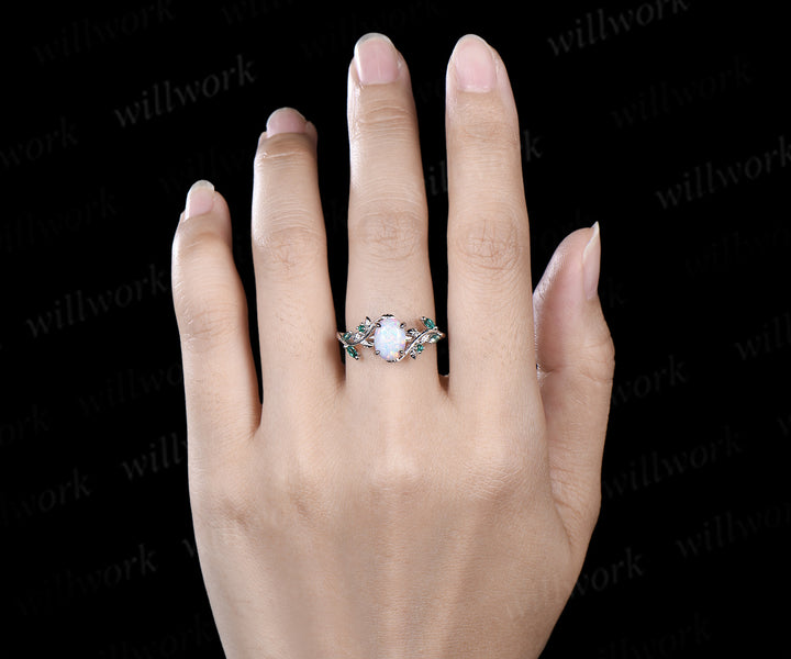 Oval white opal engagement ring retro emreald moss agate leaf branch ring nature inspired bridal ring gifts for women
