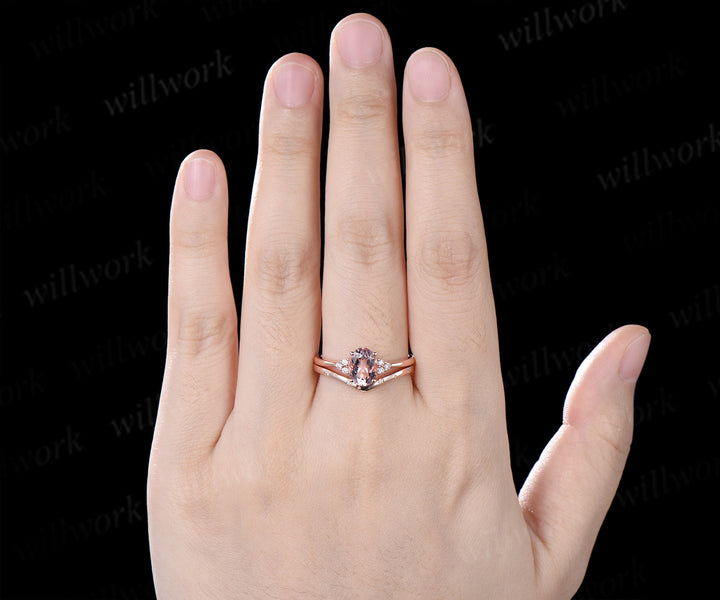 Oval Cut Pink Engagement Ring Set Diamond Cluster Ring Star Wedding Band Unique Seven Stone Bridal Set