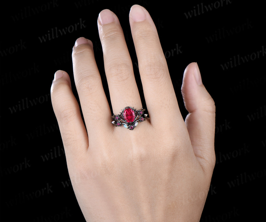 Gothic Oval Fantasy Cut Ruby Engagement Ring Set Black Gold Rose Thorn Ring Opal & Ruby Accent Matching Wedding Band Unique Bridal Set