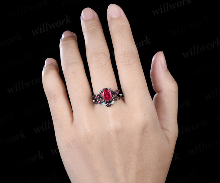 Gothic Oval Fantasy Cut Ruby Engagement Ring Set Black Gold Rose Thorn Ring Opal & Ruby Accent Matching Wedding Band Unique Bridal Set