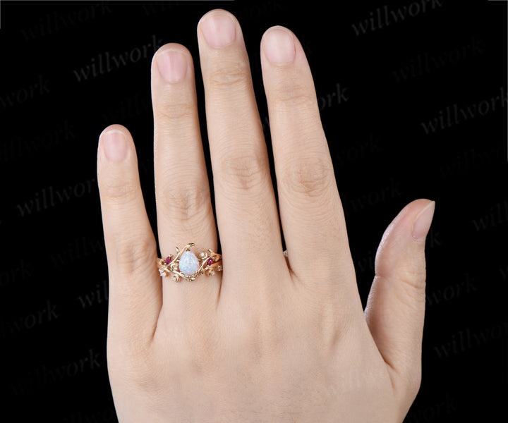 Vintage Teardrop Opal Engagement Ring Set Art Deco Moon Marquise Ruby Leaf Vine Ring Moissanite Band Nature Inspired Bridal Set