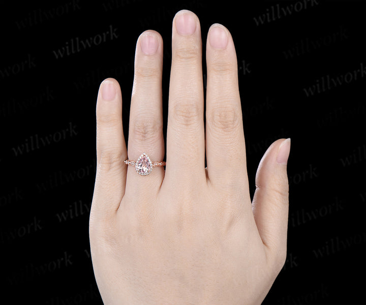 Vintage pear cut pink morganite engagement ring set diamond halo half eternity promise ring  milgrain wedding band bridal set