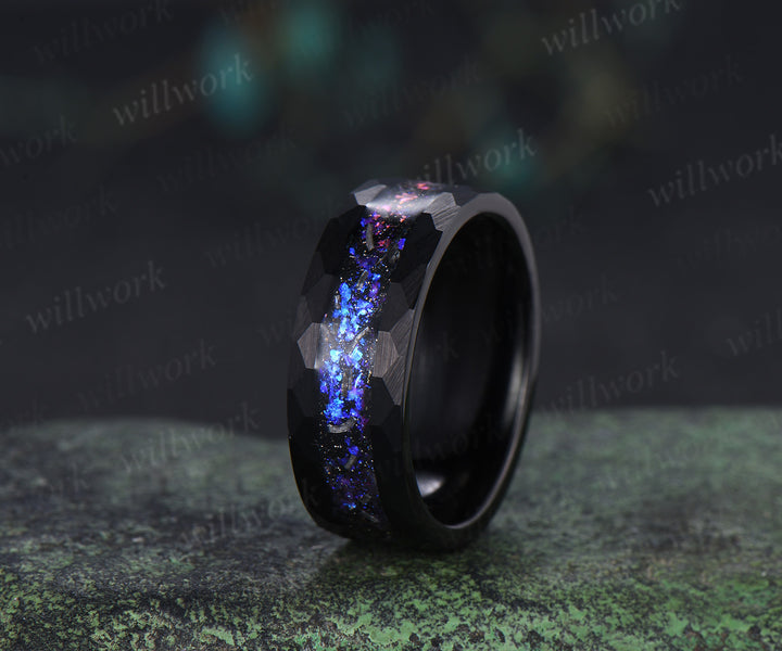 Leaf Pear Amethyst Accent Sapphires Bridal Ring Set & Tungsten Galaxy Nebula Mens Band Couple Ring Set