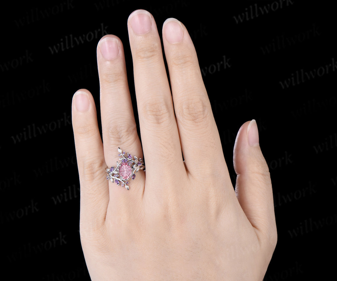 Oval Fantasy Cut Padparadscha Leaf Vine Engagement Ring Amethyst Enhancer Wrap Band Nature Inspired Pink Sapphire Bridal Set