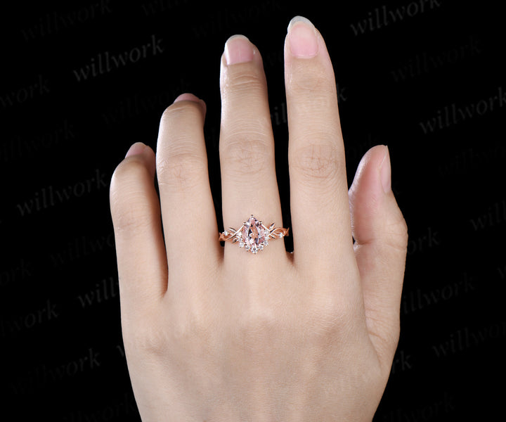 Pear shaped natural pink morganite engagemet ring art deco diamond leaf twig split shank ring soild rose gold bridal ring