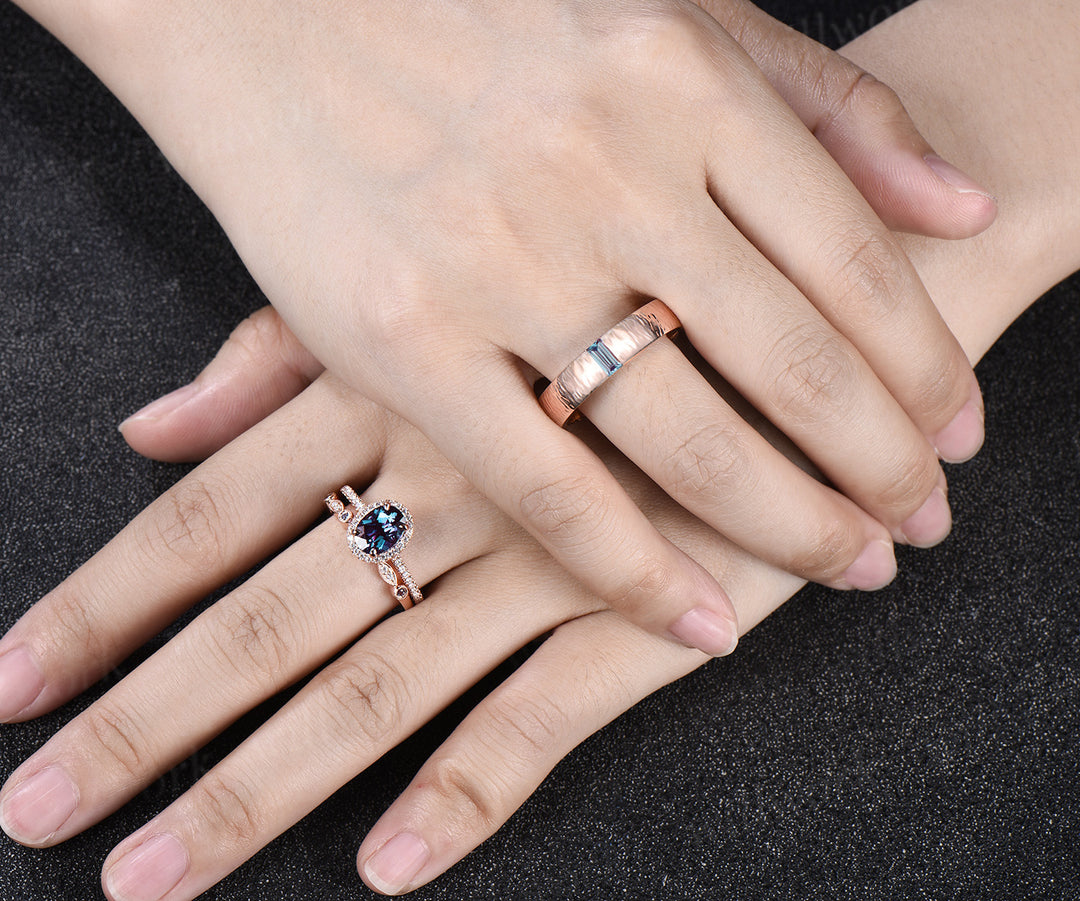 Oval Alexandrite Moissanite Halo Half Eternity Ring Set & Baguette Moss Agate Hammered Men Wedding Ring Vintage Couple Ring Set