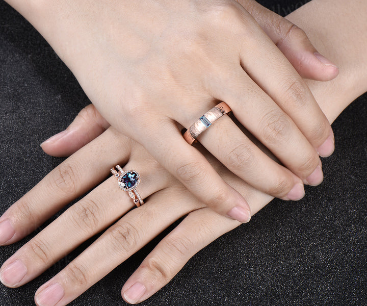 Oval Alexandrite Moissanite Halo Half Eternity Ring Set & Baguette Moss Agate Hammered Men Wedding Ring Vintage Couple Ring Set