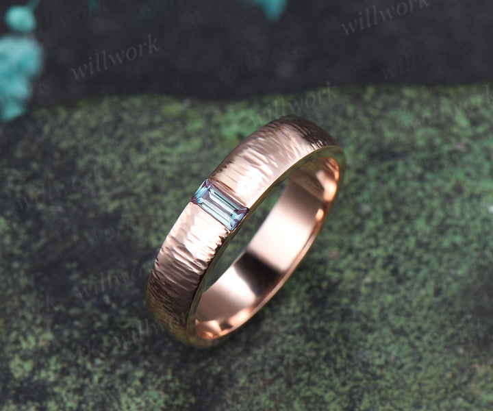 Oval Alexandrite Moissanite Halo Half Eternity Ring Set & Baguette Moss Agate Hammered Men Wedding Ring Vintage Couple Ring Set