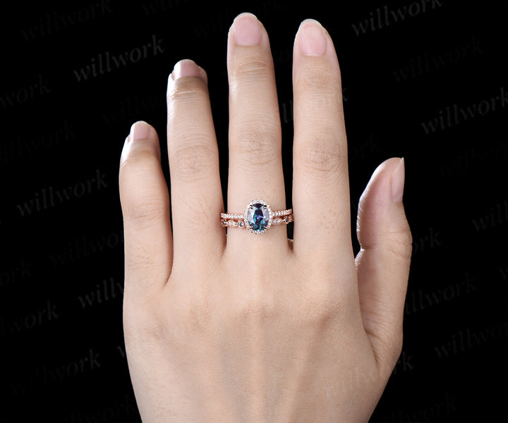 Oval Alexandrite Moissanite Halo Half Eternity Ring Set & Baguette Moss Agate Hammered Men Wedding Ring Vintage Couple Ring Set