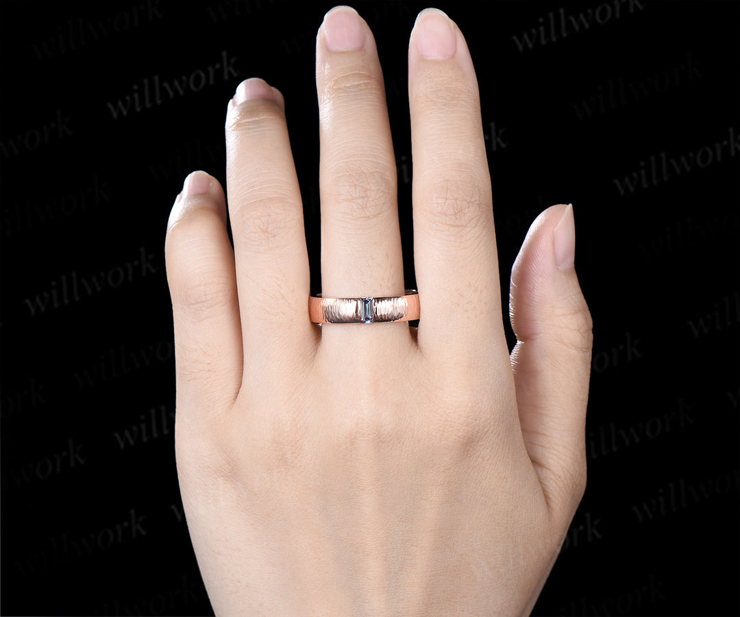 Oval Alexandrite Moissanite Halo Half Eternity Ring Set & Baguette Moss Agate Hammered Men Wedding Ring Vintage Couple Ring Set