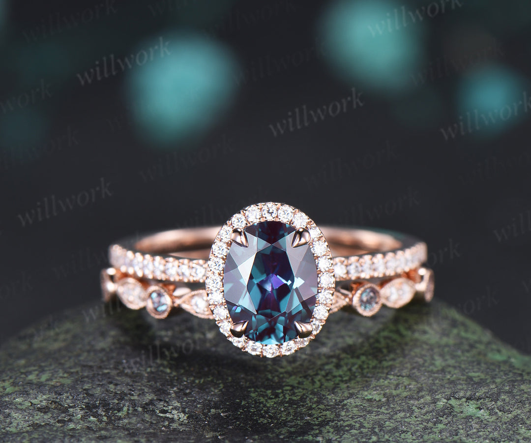 Oval Alexandrite Moissanite Halo Half Eternity Ring Set & Baguette Moss Agate Hammered Men Wedding Ring Vintage Couple Ring Set