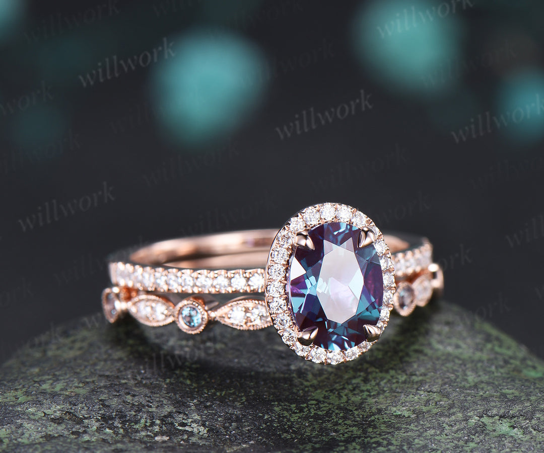 Oval Alexandrite Moissanite Halo Half Eternity Ring Set & Baguette Moss Agate Hammered Men Wedding Ring Vintage Couple Ring Set