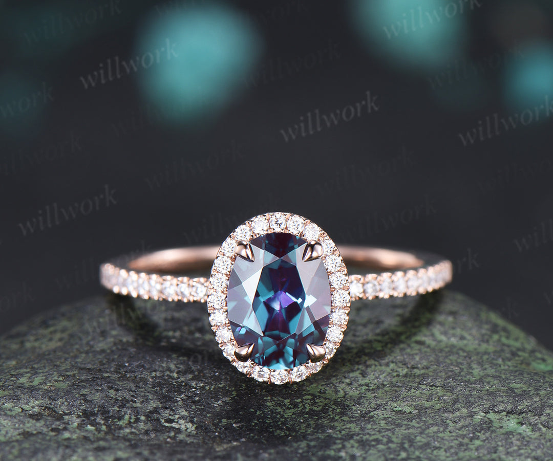Oval Alexandrite Moissanite Halo Half Eternity Ring Set & Baguette Moss Agate Hammered Men Wedding Ring Vintage Couple Ring Set