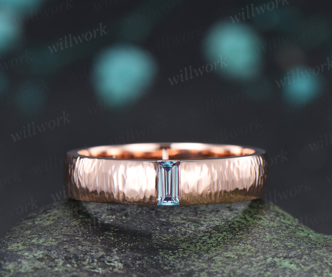Oval Alexandrite Moissanite Halo Half Eternity Ring Set & Baguette Moss Agate Hammered Men Wedding Ring Vintage Couple Ring Set