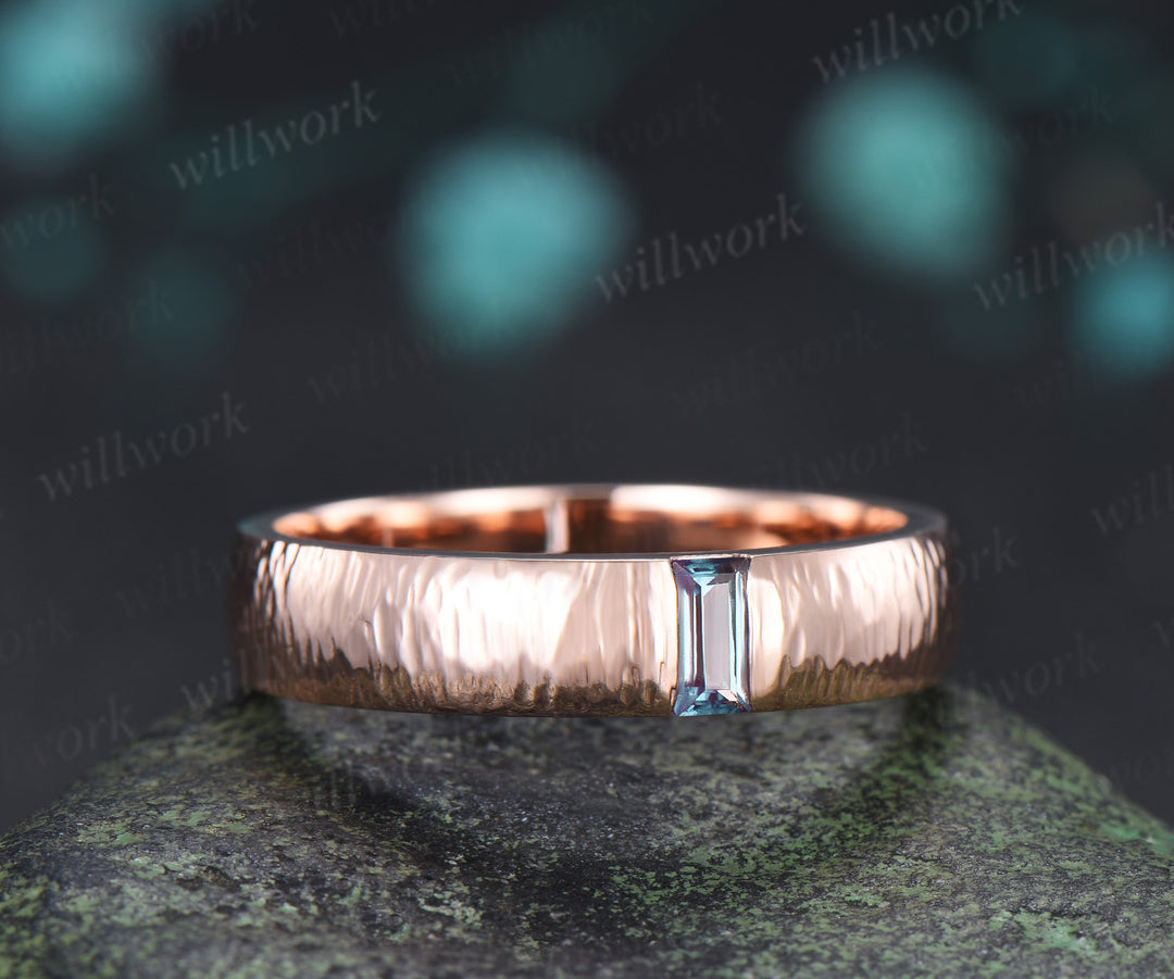 Oval Alexandrite Moissanite Halo Half Eternity Ring Set & Baguette Moss Agate Hammered Men Wedding Ring Vintage Couple Ring Set