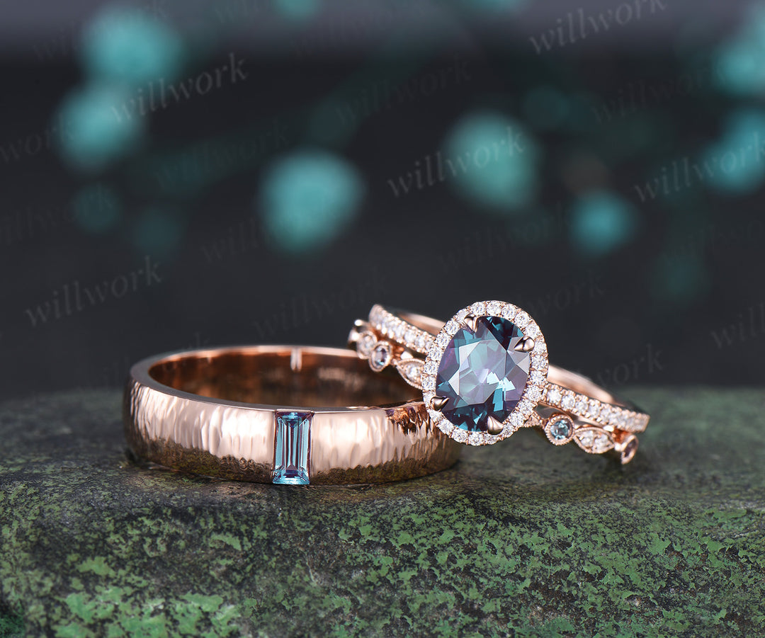 Oval Alexandrite Moissanite Halo Half Eternity Ring Set & Baguette Moss Agate Hammered Men Wedding Ring Vintage Couple Ring Set