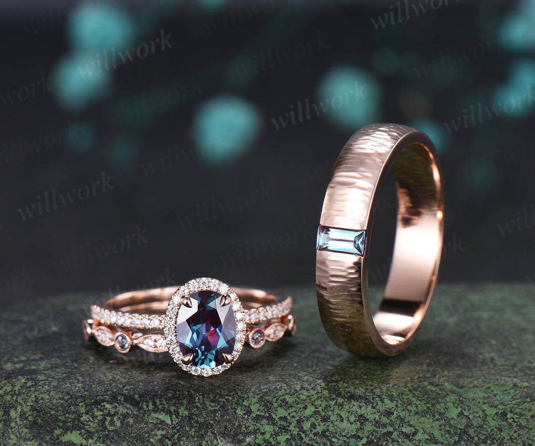 Oval Alexandrite Moissanite Halo Half Eternity Ring Set & Baguette Moss Agate Hammered Men Wedding Ring Vintage Couple Ring Set