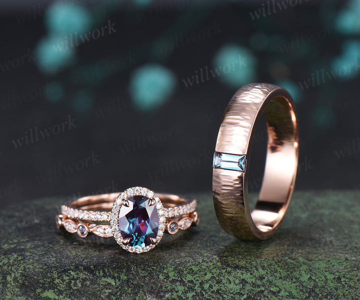 Oval Alexandrite Moissanite Halo Half Eternity Ring Set & Baguette Moss Agate Hammered Men Wedding Ring Vintage Couple Ring Set